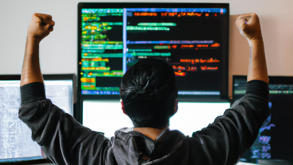 Programmer at their desk with hands raised in excitement