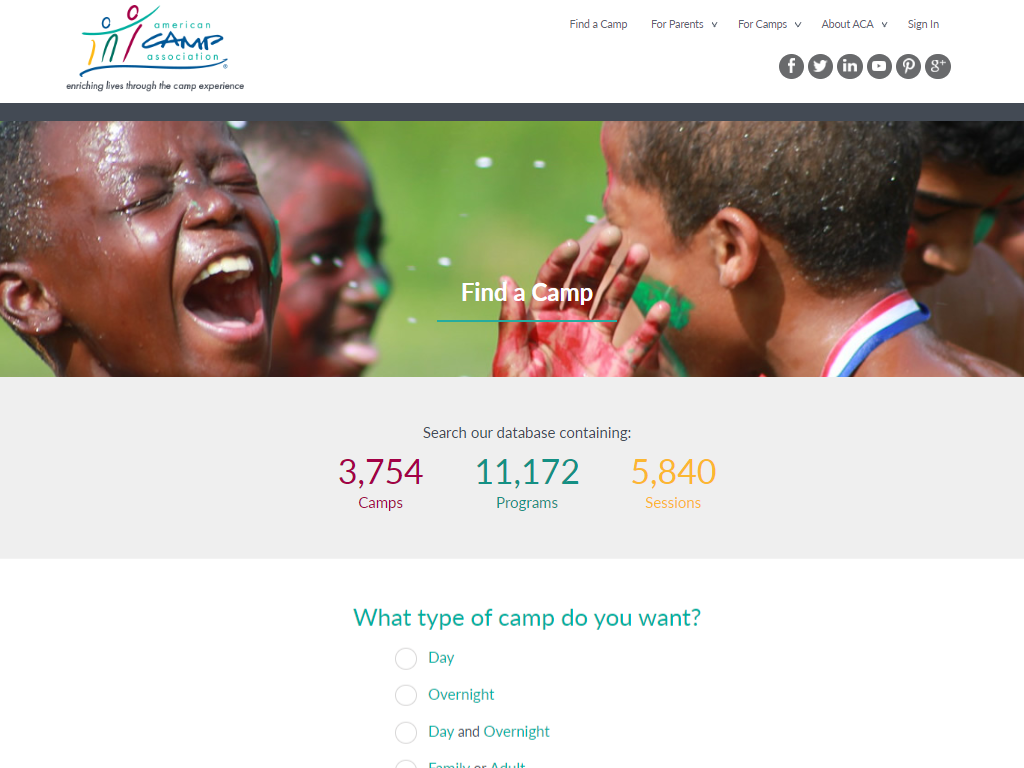 Find a Camp page